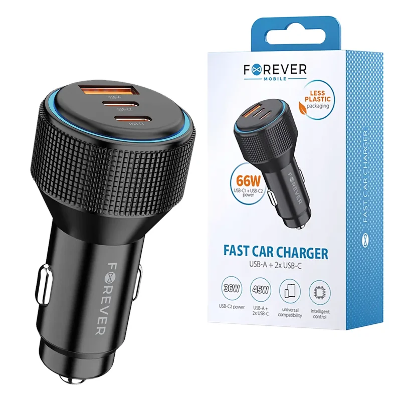 Szybka ładowarka samochodowa Forever 66W z portami USB-A i 2x USB-C obok oryginalnego opakowania Fast Car Charger