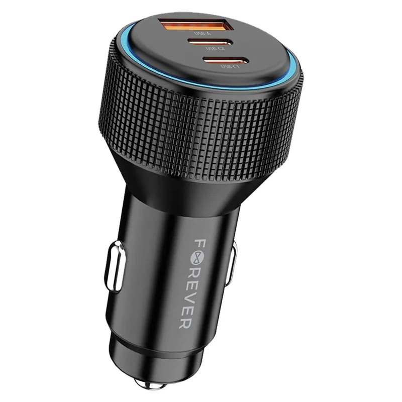 Czarna ładowarka samochodowa Forever 66W z trzema portami ładowania USB-A, USB-C1 i USB-C2