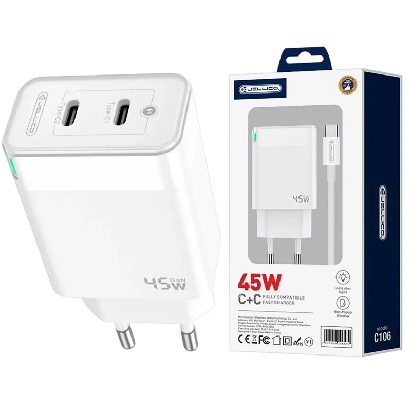 Szybka ładowarka sieciowa JELLICO C106 45W z dwoma portami USB-C i kablem USB-C obok oryginalnego opakowania
