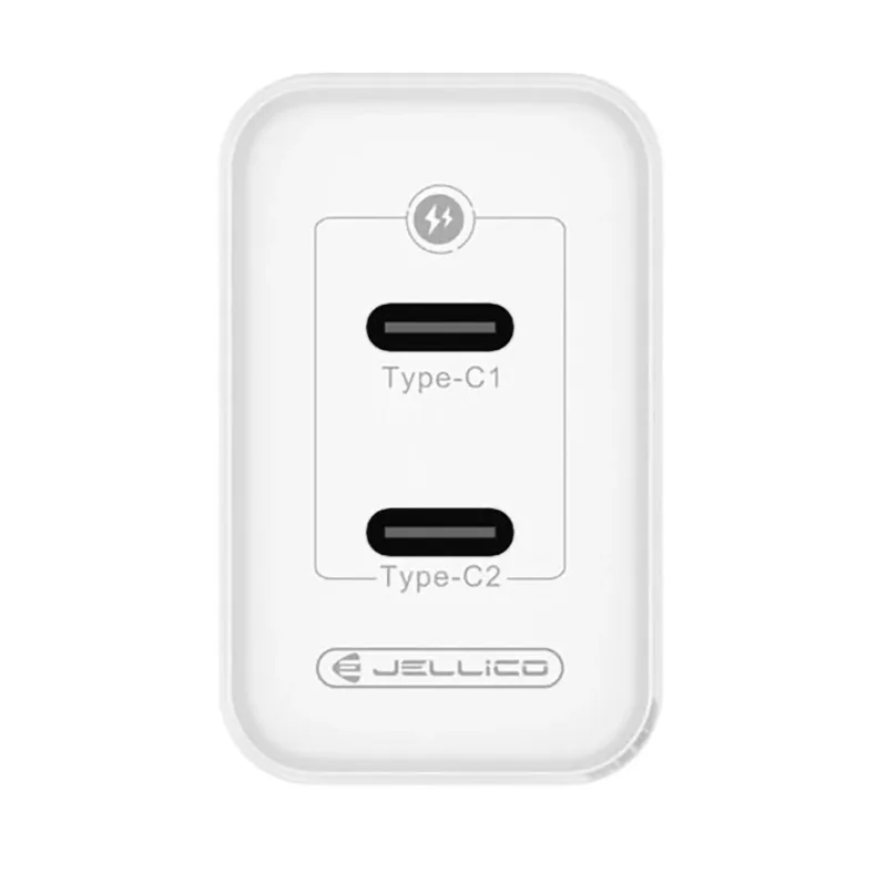 Widok z góry na białą ładowarkę sieciową JELLICO 45W z portami Type-C1 i Type-C2