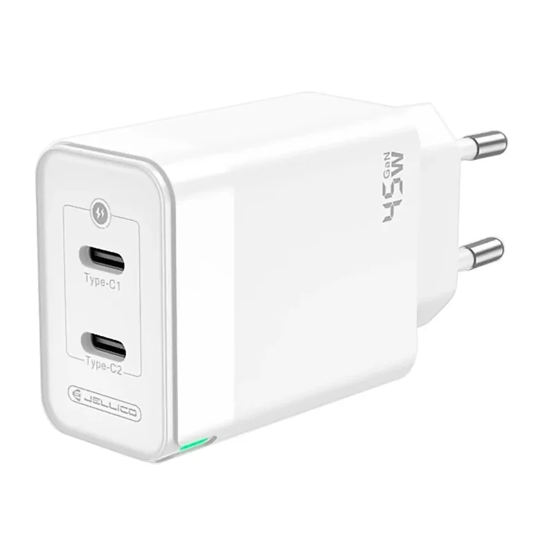 Biała ładowarka sieciowa JELLICO 45W z dwoma portami USB-C pokazana pod kątem