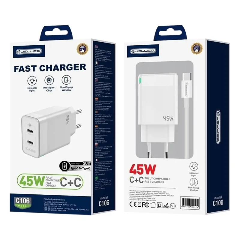 Opakowanie ładowarki sieciowej JELLICO 45W USB-C z kablem pokazane z przodu i z tyłu