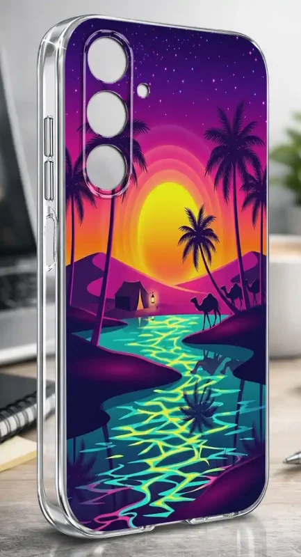 Przezroczyste etui do Samsung Galaxy A05s z nadrukiem palmy i zachód słońca pokazane na biurku, z widoczną osłoną wyspy aparatów