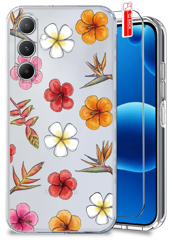 Przezroczyste etui wakacyjne do Samsung Galaxy A15 5G z kolorowym nadrukiem kwiatów tropikalnych, w zestawie ze szkłem hartowanym 9H