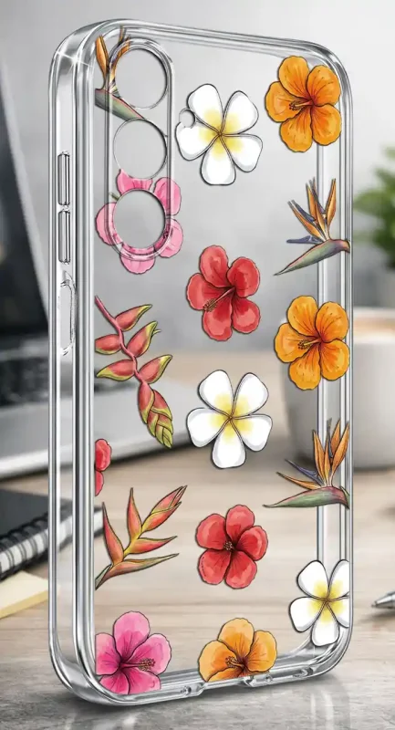 Przezroczyste etui z wakacyjnym wzorem kwiatowym do Samsung Galaxy A15 5G pokazane na biurku, z widoczną osłoną wyspy aparatów