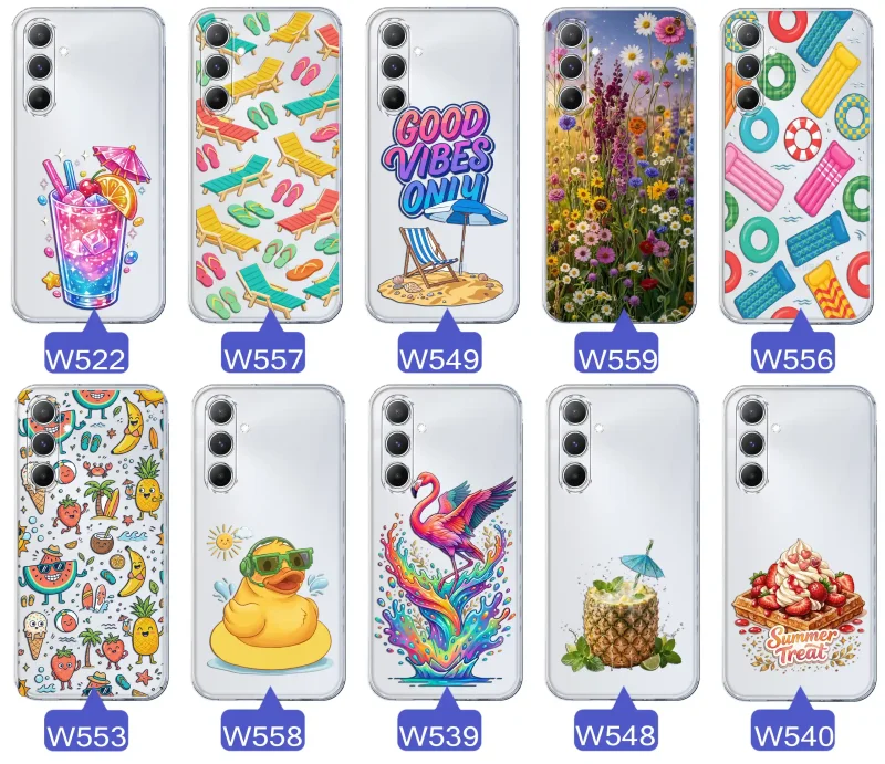 Zestaw przezroczystych etui do Samsung Galaxy A25 5G z wakacyjnymi motywami drinka, leżaków, napisu good vibes, kwiatów, flaminga, ananasa i deseru