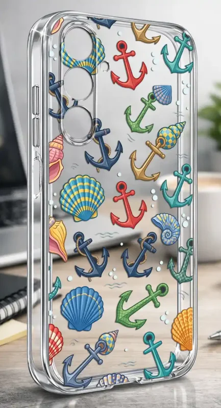 Etui na wakacje do Samsung Galaxy A25 5G z kolorowym wzorem kotwic i muszelek nanoszonym na przezroczystą obudowę