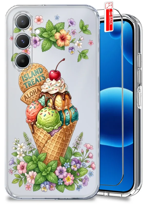 Przezroczyste etui wakacyjne do Samsung Galaxy M15 5G z nadrukiem kolorowych lodów, kwiatów i liści, w zestawie ze szkłem hartowanym 9H