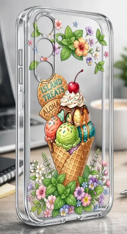 Etui na wakacje do Samsung Galaxy M15 5G z letnim wzorem lodów i tropikalnych kwiatów nanoszonym na przezroczystą obudowę