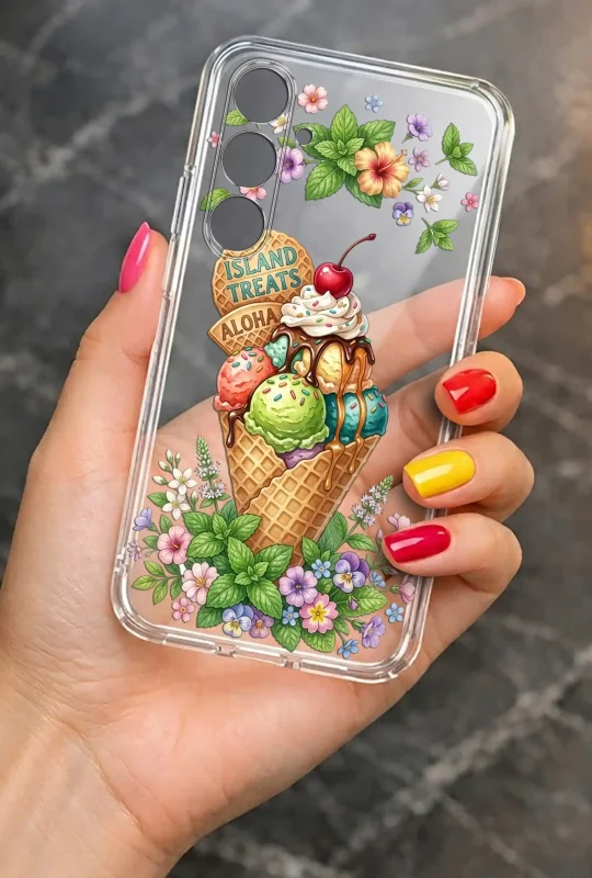 Przezroczyste etui letnie do Samsung Galaxy M15 5G z nadrukiem lodów, wiśni, kwiatów i zielonych liści, prezentowane w dłoni
