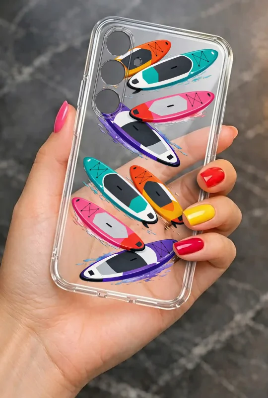 Przezroczyste etui letnie do Samsung Galaxy A14 5G z nadrukiem kolorowych desek surfingowych, prezentowane w dłoni