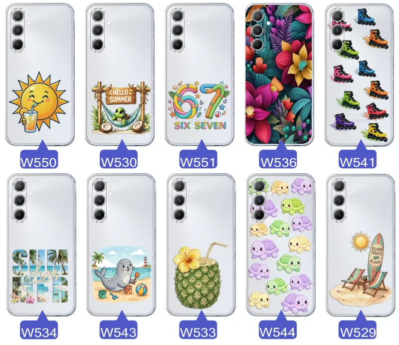 Kolekcja letnich wzorów etui do Samsung Galaxy A16 5G z motywami słońca, żółwia, six seven, tropikalnych kwiatów, rolek, plaży i kokosa