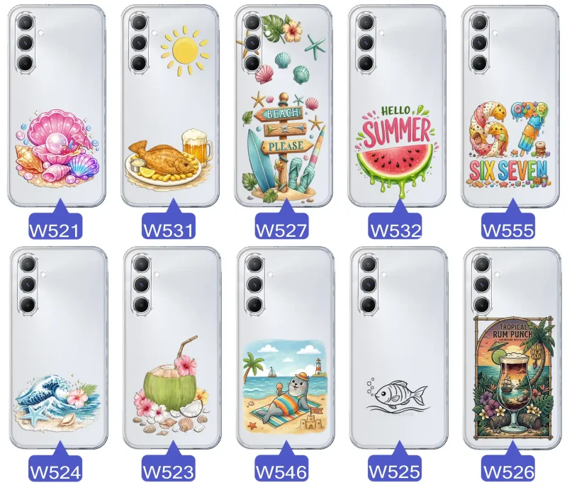 Różne wzory etui wakacyjnych do Samsung Galaxy A16 5G z grafikami muszelek, ryby, plaży, arbuza, lodów, foki, kokosa i tropikalnego drinka