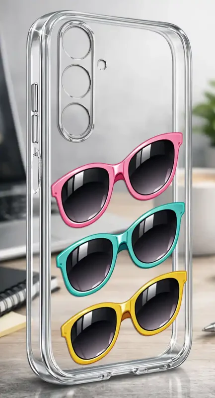 Etui na lato do Samsung Galaxy A34 5G z wzorem różowych, turkusowych i żółtych okularów nanoszonym na przezroczystą obudowę