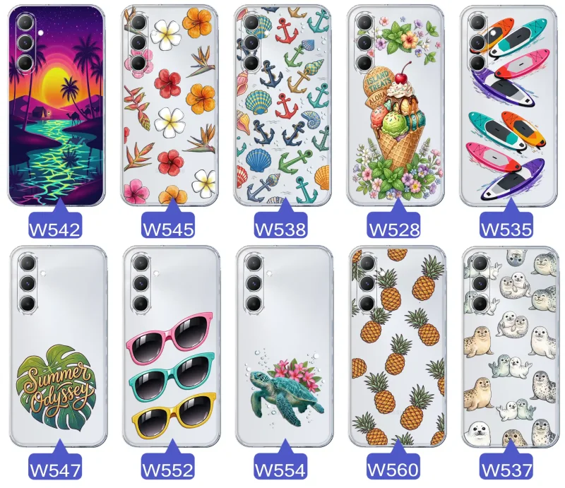 Kolekcja wakacyjnych wzorów etui do Samsung Galaxy M35 5G: palmy, kwiaty, kotwice, lody, deski surfingowe, ananasy i foki