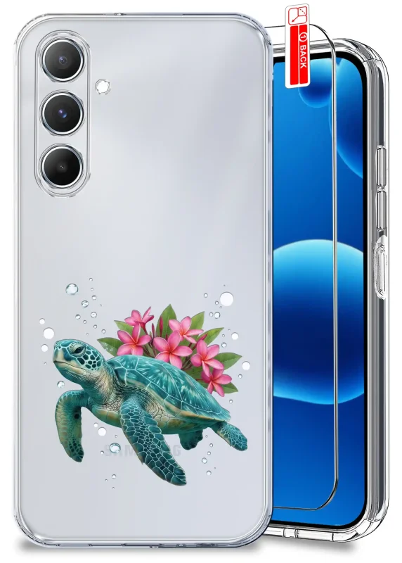 Przezroczyste etui wakacyjne do Samsung Galaxy M35 5G z nadrukiem żółwia morskiego i różowych kwiatów oraz szkło hartowane w zestawie