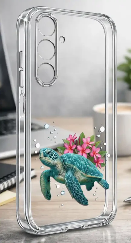 Etui na wakacje do Samsung Galaxy M35 5G z letnim wzorem żółwia i kwiatów nanoszonym na przezroczystą obudowę