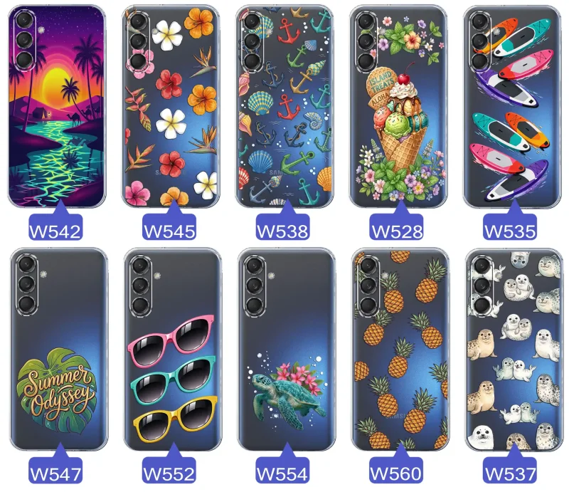 Kolekcja wakacyjnych wzorów etui do Samsung Galaxy M55 5G: palmy, kwiaty, kotwice, lody, deski surfingowe, ananasy i foki