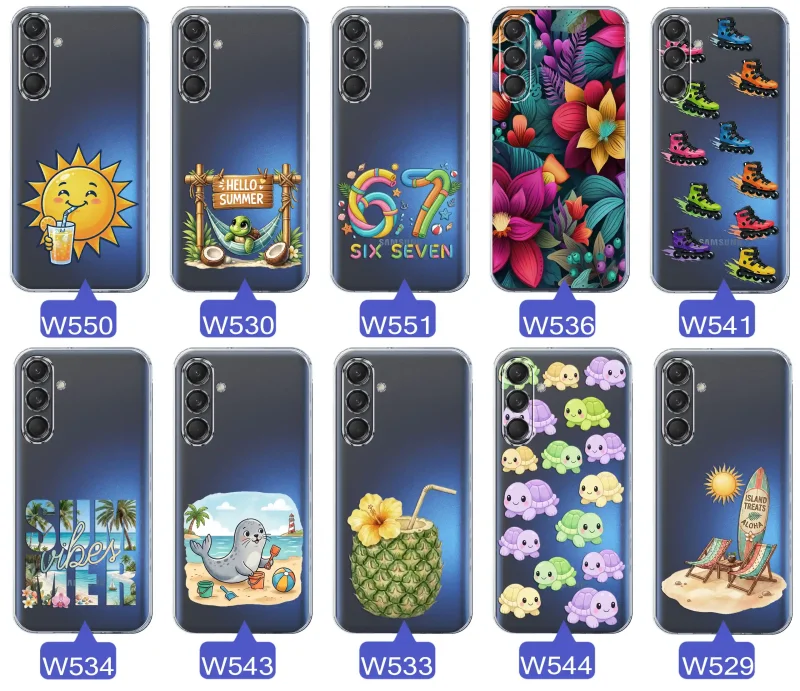 Kolekcja letnich wzorów etui do Samsung Galaxy M55 5G z motywami słońca, żółwia, six seven, tropikalnych kwiatów, rolek, plaży i kokosa