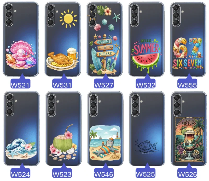 Różne wzory etui wakacyjnych do Samsung Galaxy M55 5G z grafikami muszelek, ryby, plaży, arbuza, lodów, foki, kokosa i tropikalnego drinka