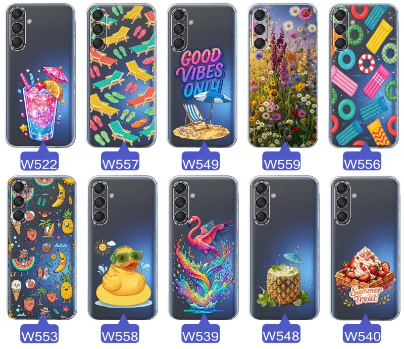 Zestaw przezroczystych etui do Samsung Galaxy M55 5G z wakacyjnymi motywami drinka, leżaków, napisu good vibes, kwiatów, flaminga, ananasa i deseru