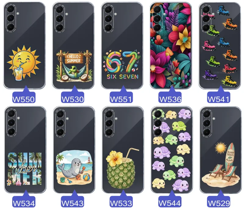 Kolekcja letnich wzorów etui do Samsung Galaxy A35 5G z motywami słońca, żółwia, six seven, tropikalnych kwiatów, rolek, plaży i kokosa