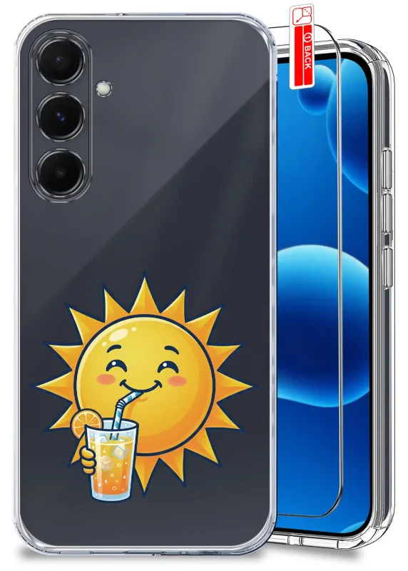 Przezroczyste etui wakacyjne do Samsung Galaxy A54 5G z nadrukiem uśmiechniętego słońca i napoju oraz szkłem hartowanym w zestawie