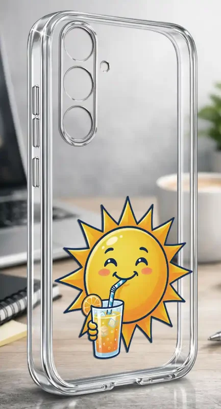 Etui na lato do Samsung Galaxy A54 5G z kolorowym wzorem słońca pijącego lemoniadę nanoszonym na przezroczystą obudowę