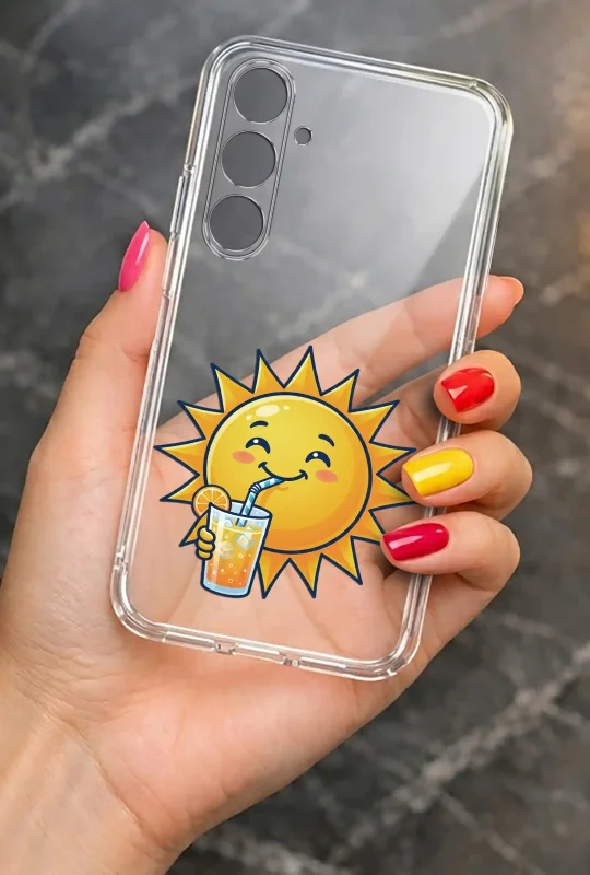 Przezroczyste etui letnie do Samsung Galaxy A54 5G z nadrukiem słońca i wakacyjnego napoju, prezentowane w dłoni
