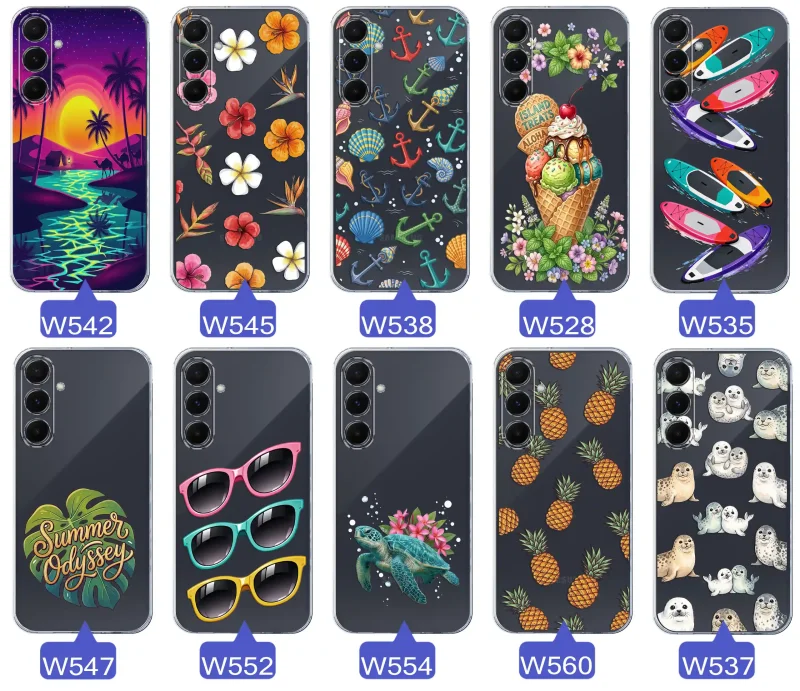 Kolekcja wakacyjnych wzorów etui do Samsung Galaxy A54 5G: palmy, kwiaty, kotwice, lody, deski surfingowe, ananasy i foki
