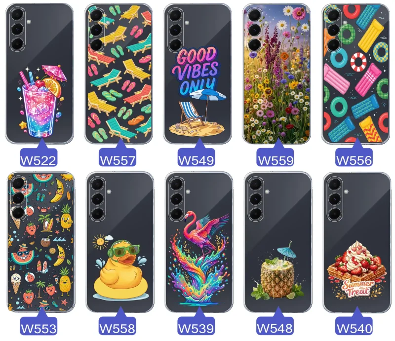 Zestaw przezroczystych etui do Samsung Galaxy A54 5G z wakacyjnymi motywami drinka, leżaków, napisu good vibes, kwiatów, flaminga, ananasa i deseru