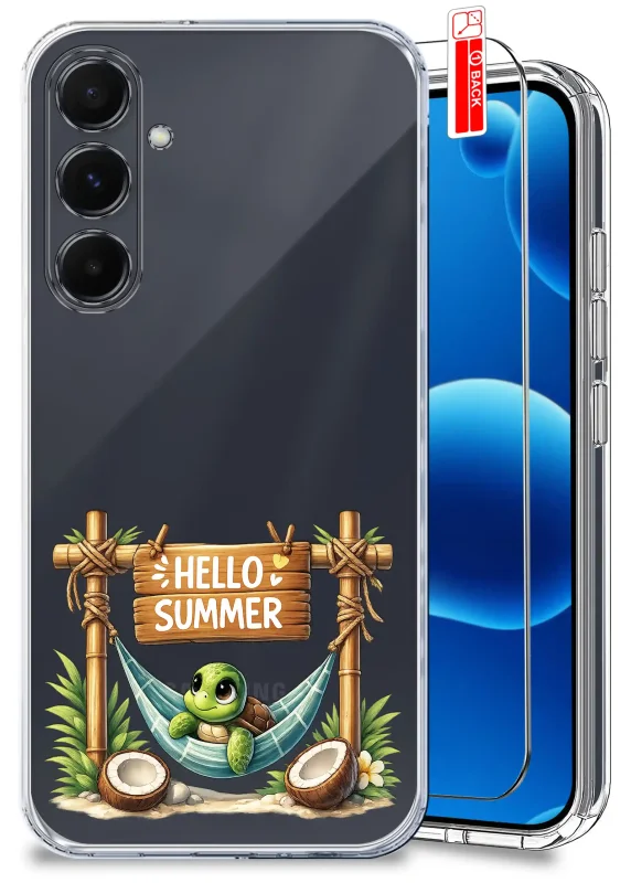 Przezroczyste etui wakacyjne do Samsung Galaxy A55 5G z nadrukiem Hello Summer, żółwikiem w hamaku, kokosami i szkłem hartowanym w zestawie