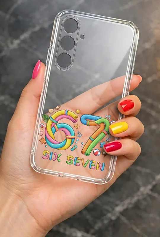 Przezroczyste etui letnie do Samsung Galaxy S23 z motywem Six Seven, muszelkami, piłkami plażowymi i kolorowym nadrukiem, prezentowane w dłoni