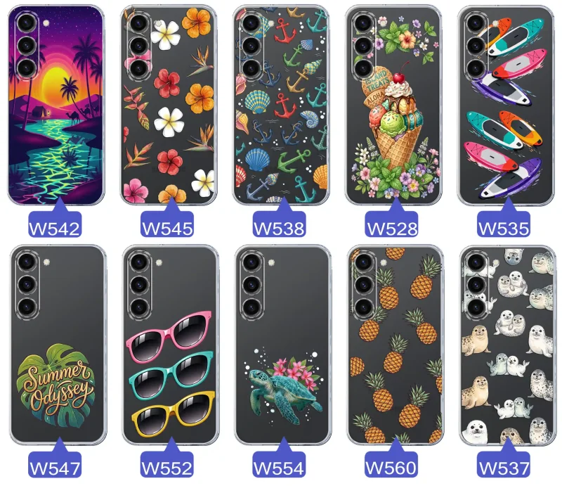 Kolekcja wakacyjnych wzorów etui do Samsung Galaxy S23: palmy, kwiaty, kotwice, lody, deski surfingowe, ananasy i foki