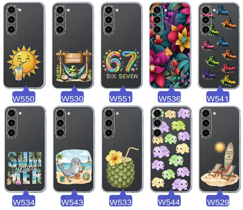 Kolekcja letnich wzorów etui do Samsung Galaxy S23 z motywami słońca, żółwia, six seven, tropikalnych kwiatów, rolek, plaży i kokosa