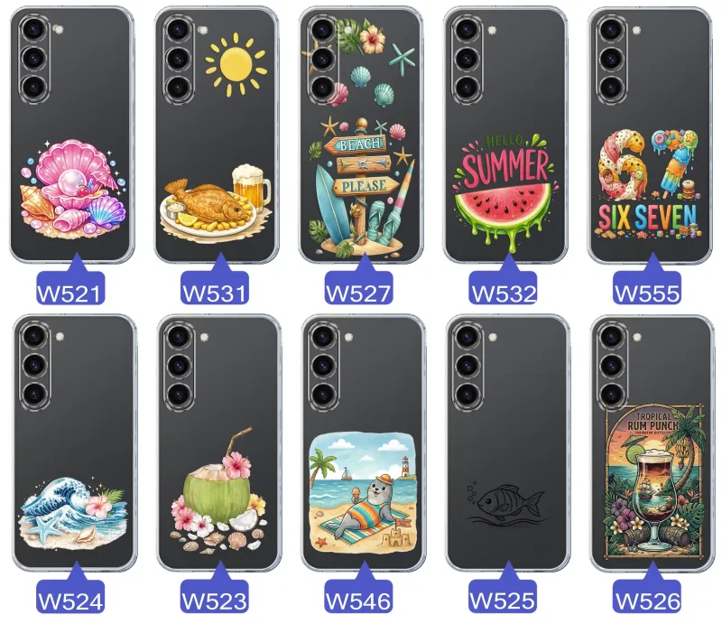 Różne wzory etui wakacyjnych do Samsung Galaxy S23 z grafikami muszelek, ryby, plaży, arbuza, lodów, foki, kokosa i tropikalnego drinka