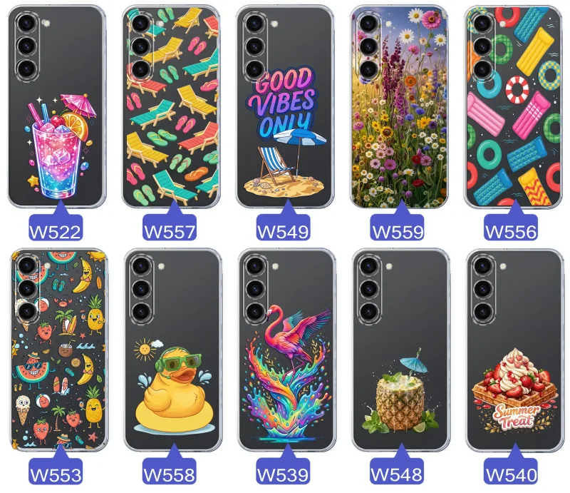 Zestaw przezroczystych etui do Samsung Galaxy S23 z wakacyjnymi motywami drinka, leżaków, napisu good vibes, kwiatów, flaminga, ananasa i deseru