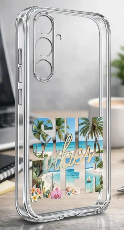 Etui na lato do Samsung Galaxy S24 z napisem Summer Vibes, palmami, plażą i tropikalnym nadrukiem na przezroczystej obudowie