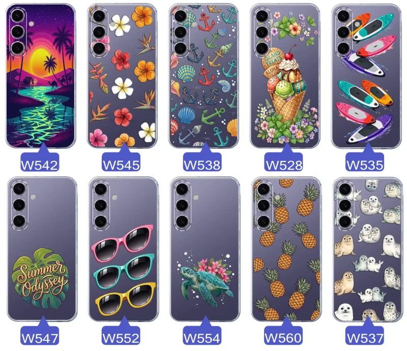 Kolekcja wakacyjnych wzorów etui do Samsung Galaxy S24: palmy, kwiaty, kotwice, lody, deski surfingowe, ananasy i foki