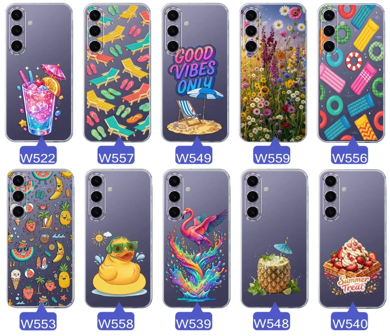 Zestaw przezroczystych etui do Samsung Galaxy S24 z wakacyjnymi motywami drinka, leżaków, napisu good vibes, kwiatów, flaminga, ananasa i deseru
