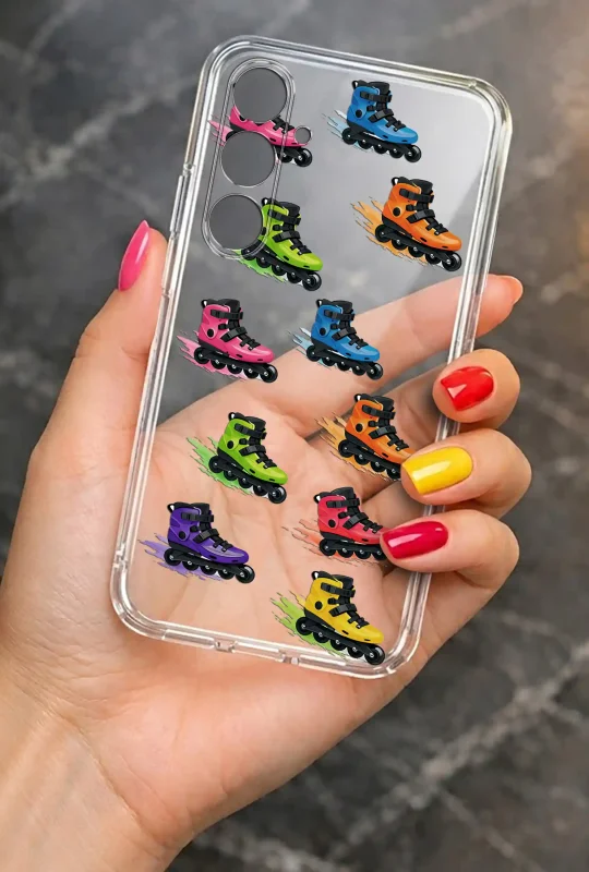 Przezroczyste etui letnie do Samsung Galaxy S24+ Plus z nadrukiem kolorowych rolek, prezentowane w dłoni