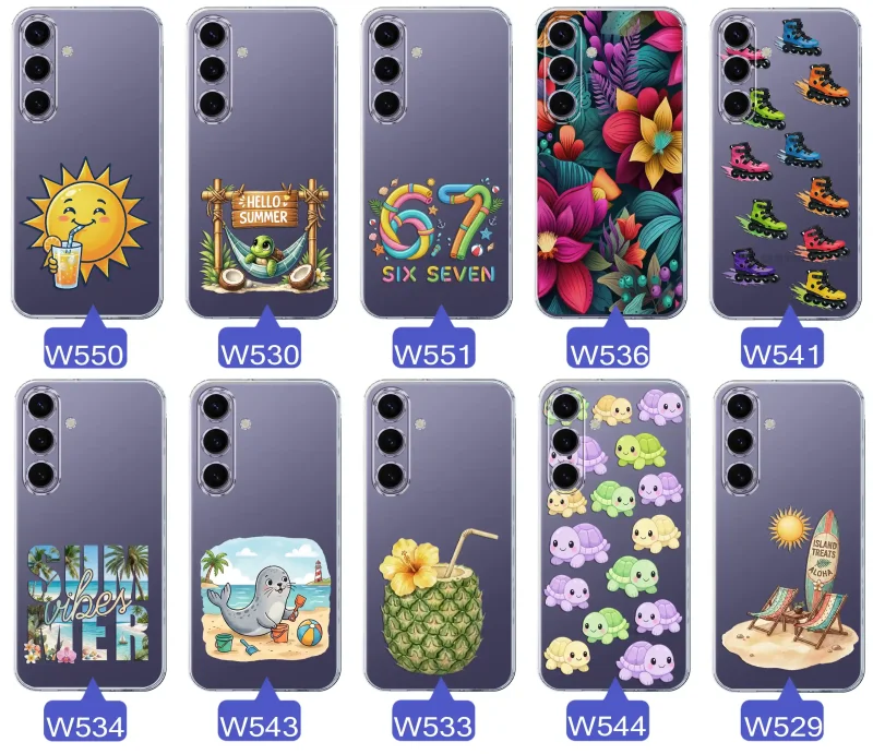Kolekcja letnich wzorów etui do Samsung Galaxy S24+ Plus z motywami słońca, żółwia, six seven, tropikalnych kwiatów, rolek, plaży i kokosa