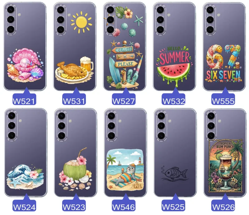 Różne wzory etui wakacyjnych do Samsung Galaxy S24+ Plus z grafikami muszelek, ryby, plaży, arbuza, lodów, foki, kokosa i tropikalnego drinka