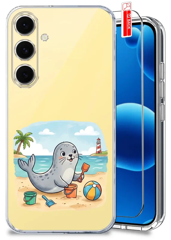 Przezroczyste etui wakacyjne do Samsung Galaxy S24 FE z nadrukiem foki na plaży oraz szkłem hartowanym w zestawie