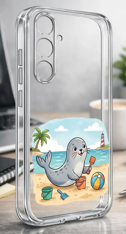 Etui na lato do Samsung Galaxy S24 FE z uroczym wzorem foki, plaży, palmy i latarni morskiej na przezroczystej obudowie