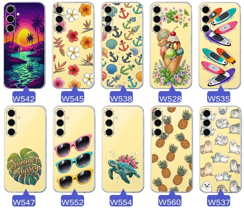 Kolekcja wakacyjnych wzorów etui do Samsung Galaxy S24 FE: palmy, kwiaty, kotwice, lody, deski surfingowe, ananasy i foki