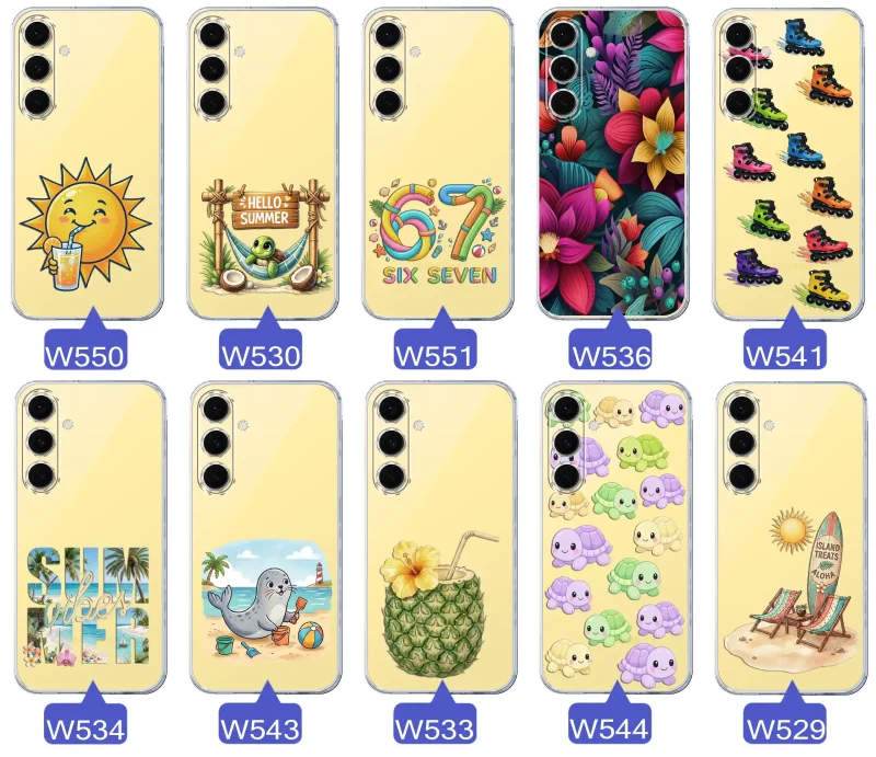Kolekcja letnich wzorów etui do Samsung Galaxy S24 FE z motywami słońca, żółwia, six seven, tropikalnych kwiatów, rolek, plaży i kokosa