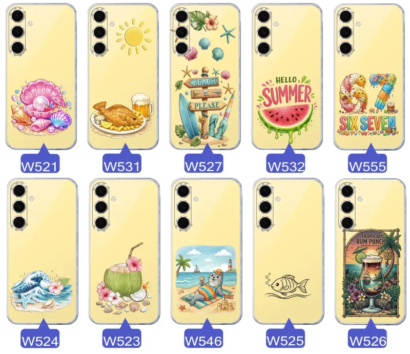 Różne wzory etui wakacyjnych do Samsung Galaxy S24 FE z grafikami muszelek, ryby, plaży, arbuza, lodów, foki, kokosa i tropikalnego drinka