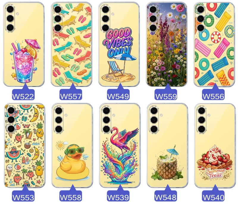 Zestaw przezroczystych etui do Samsung Galaxy S24 FE z wakacyjnymi motywami drinka, leżaków, napisu good vibes, kwiatów, flaminga, ananasa i deseru