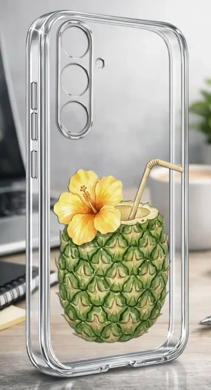 Etui na lato do Samsung Galaxy S25+ Plus z tropikalnym wzorem ananasowego napoju nanoszonym na przezroczystą obudowę